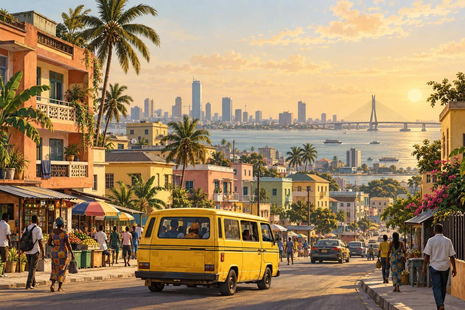 Original illustration of a yellow danfo bus, a lively Lagos-inspired street and a sunlit waterfront skyline